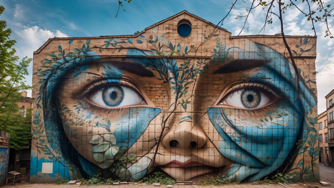 Mural with Expressive Face and Nature-Inspired Details