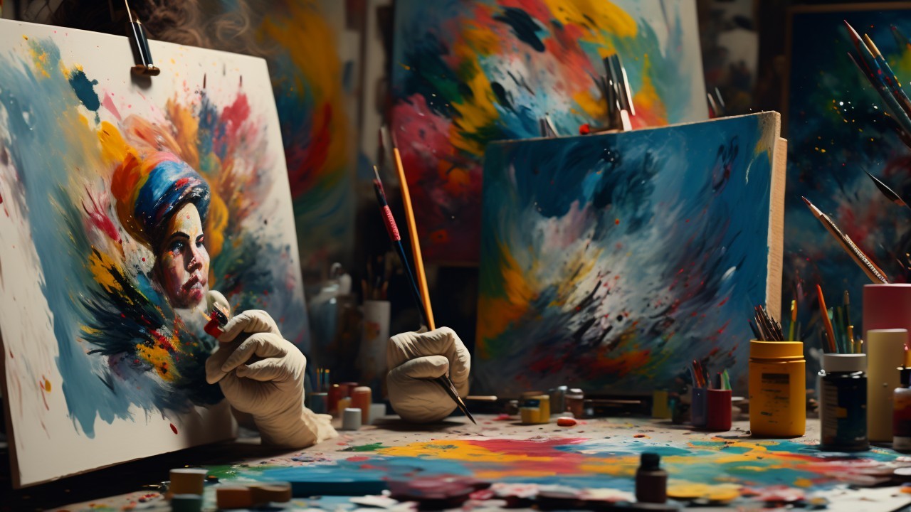 Vibrant Art Studio with Colorful Paintings and Supplies