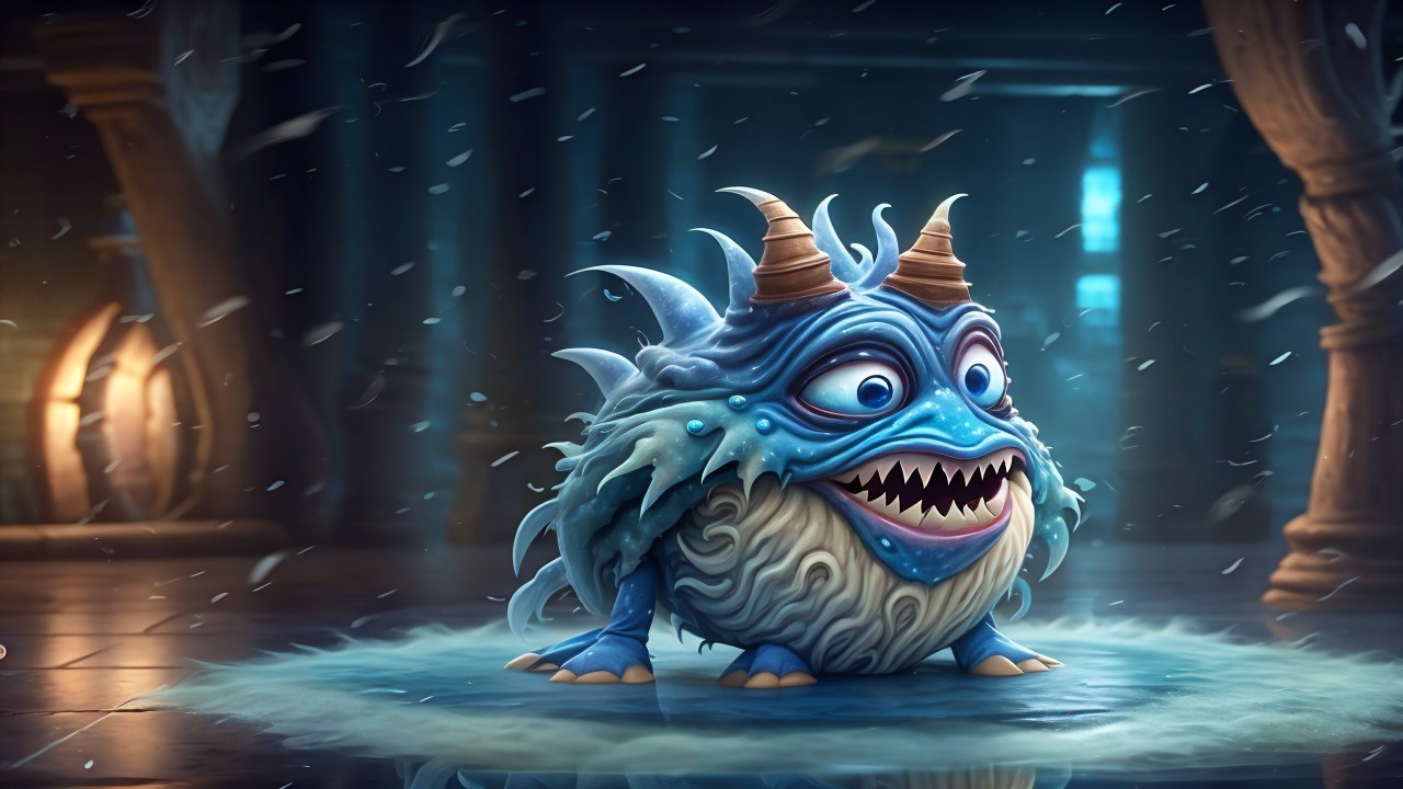 Whimsical creature in a blue puddle with misty charm