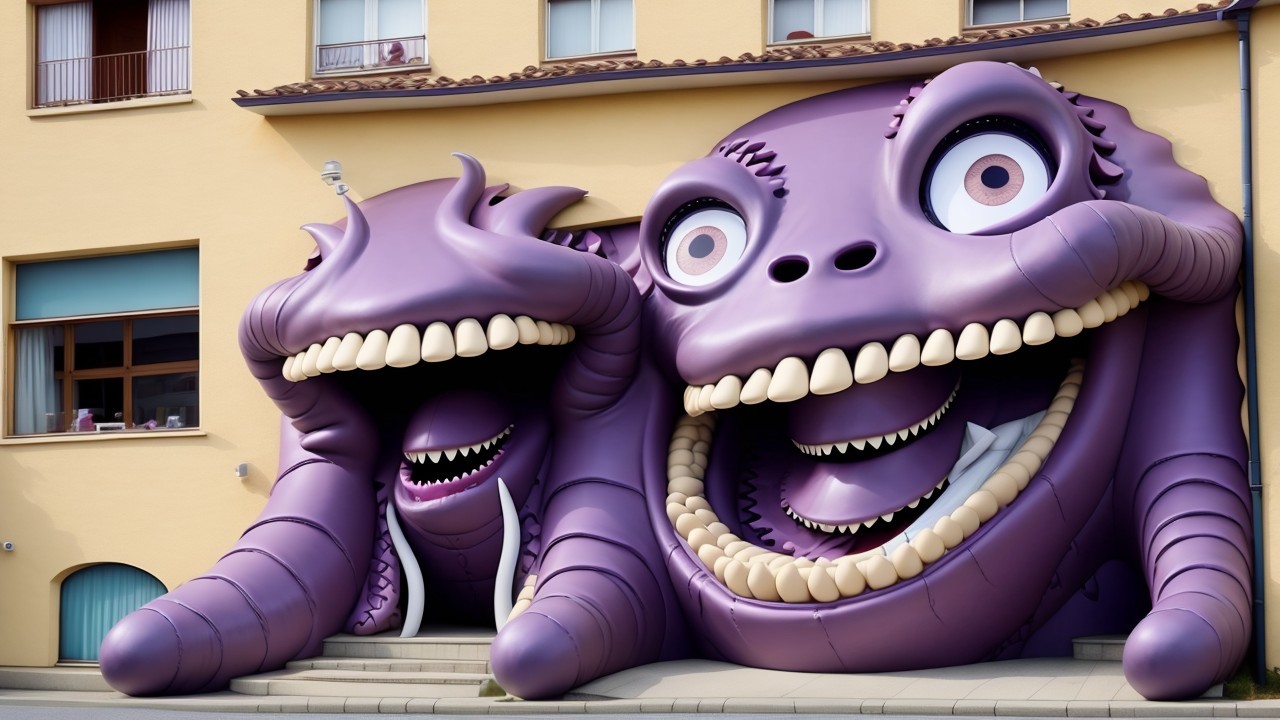 Whimsical Building with Yellow Exterior and Monster Design