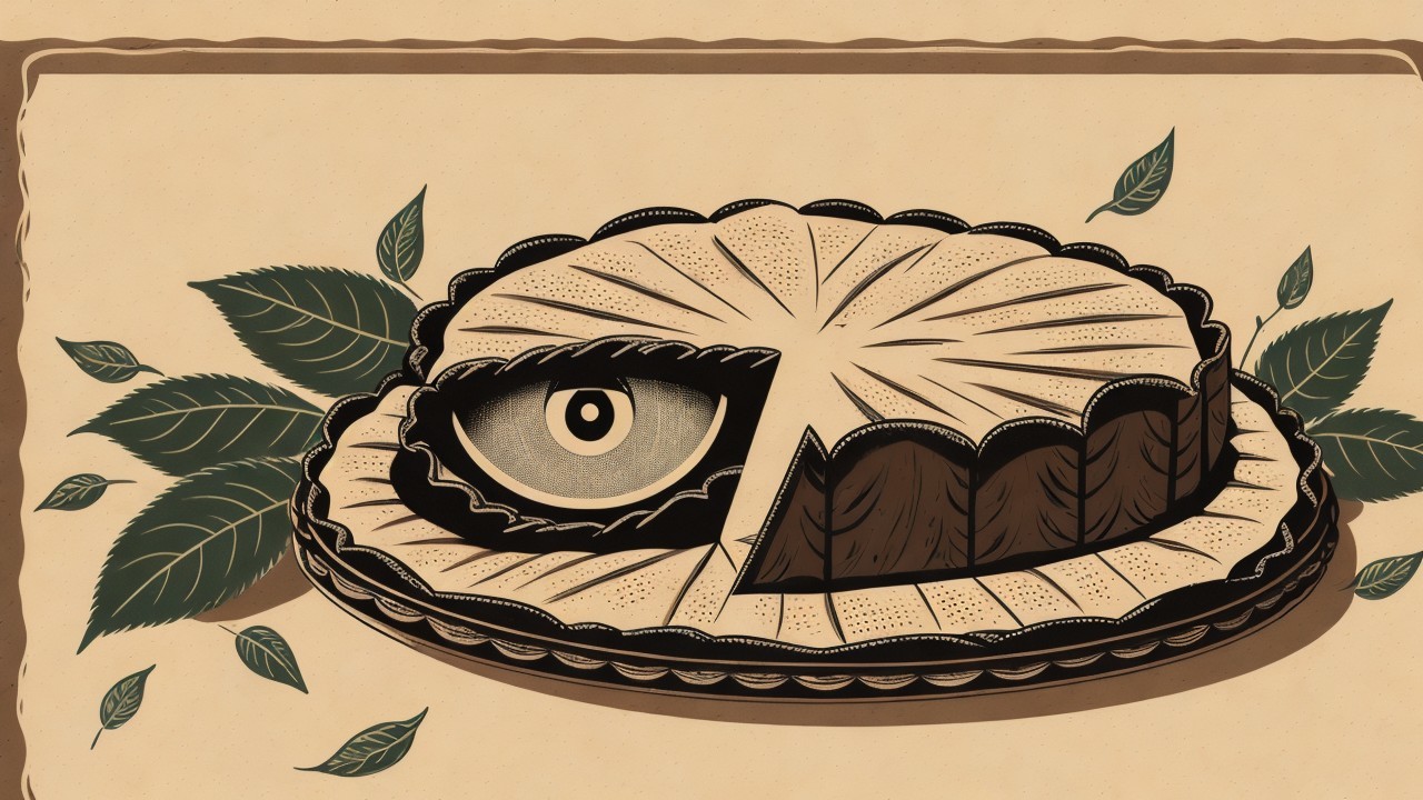 Whimsical Pie Illustration with Stylized Eye and Leaves