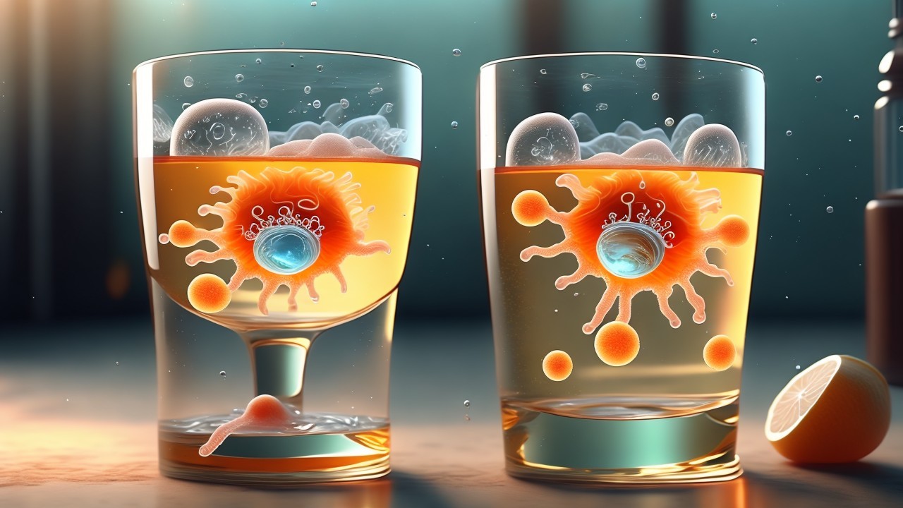 Vibrant Orange Liquid in Glasses with Bubbles and Slice
