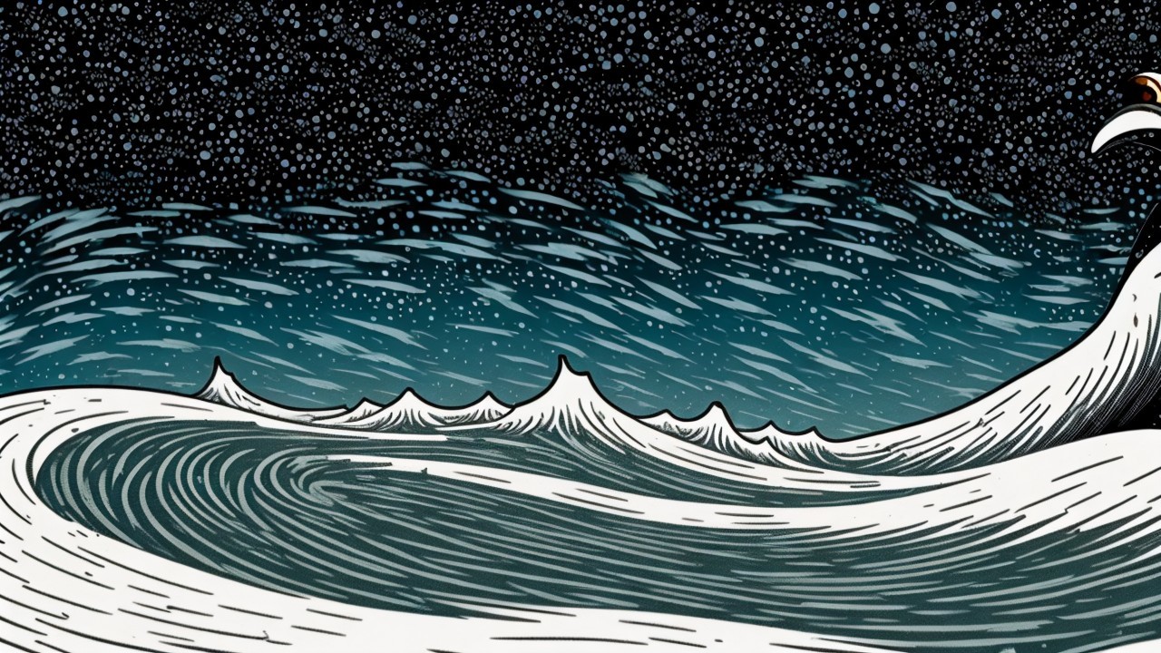 Dramatic Night Scene with Waves and Starry Sky
