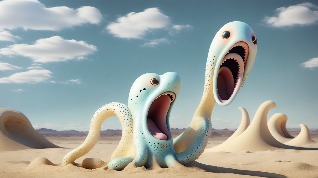 Whimsical Creatures in a Surreal Desert Landscape