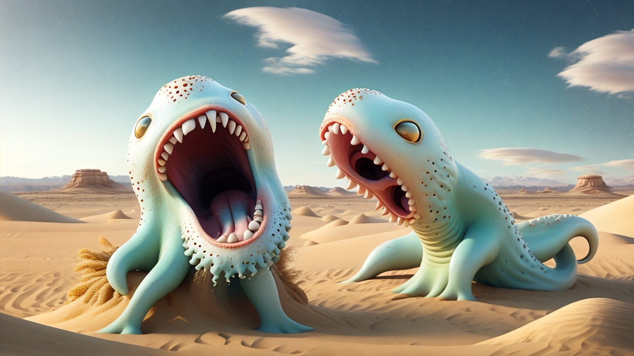 Surreal Creatures in a Desert Landscape with Sky