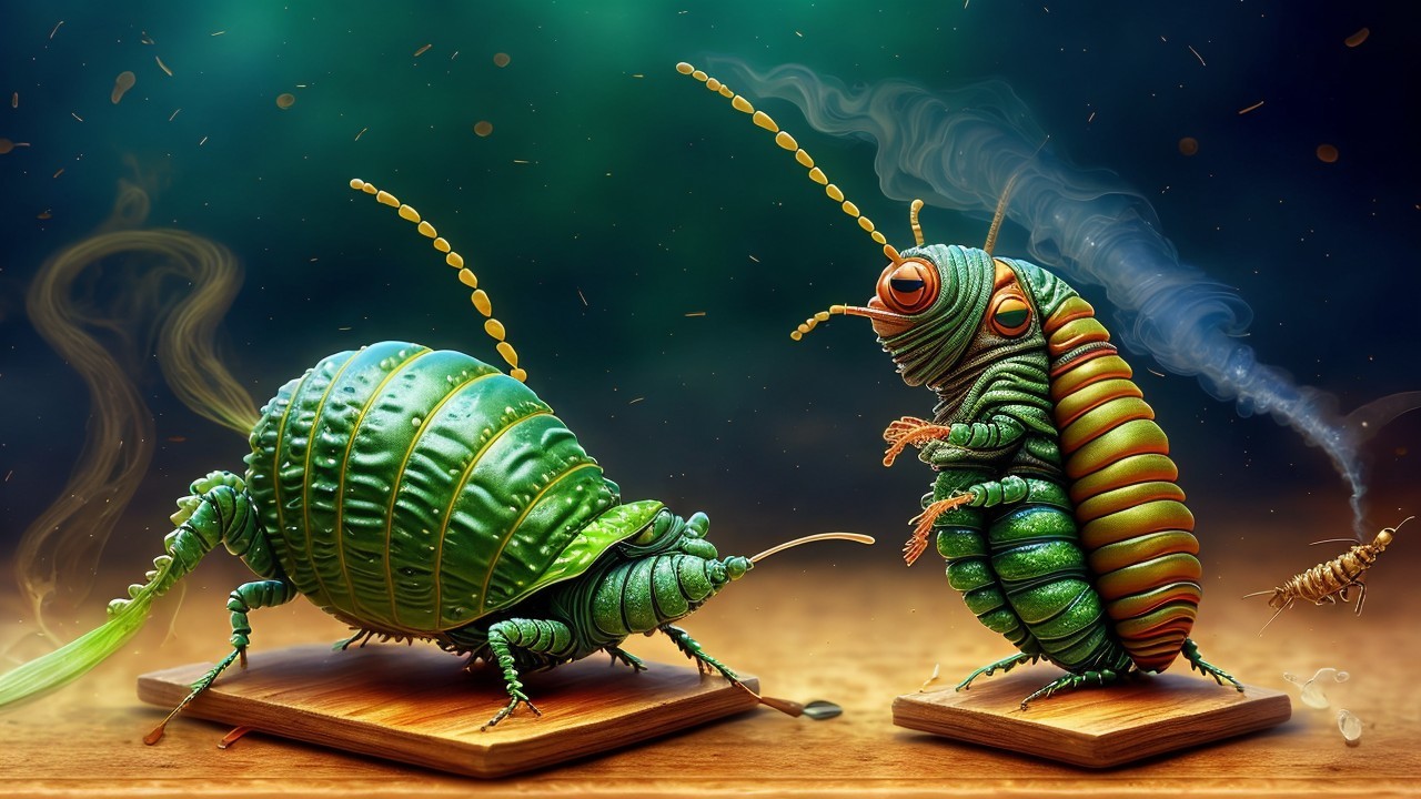 Whimsical Insects on Wooden Bases with Smoke Effects