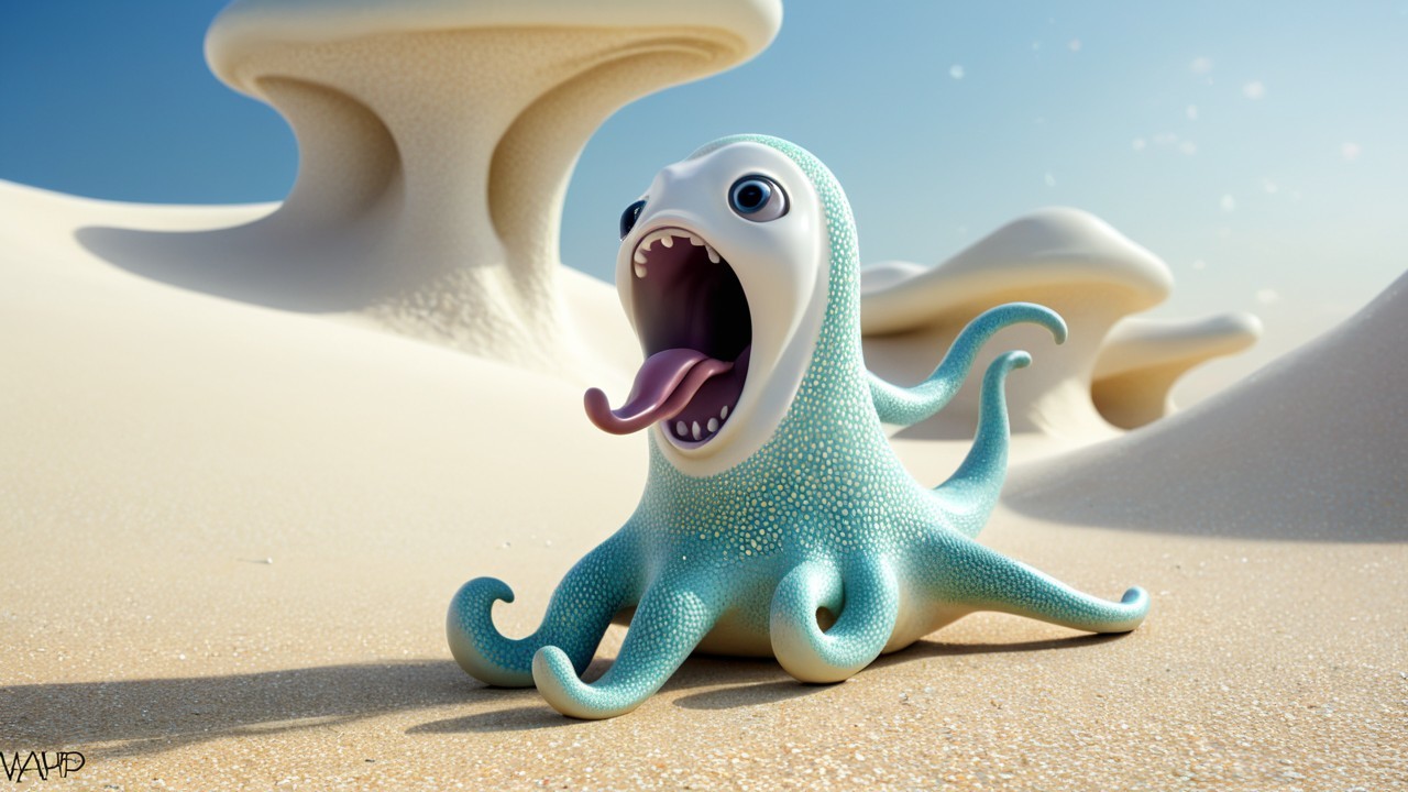 Cartoonish Octopus in Whimsical Sandy Landscape
