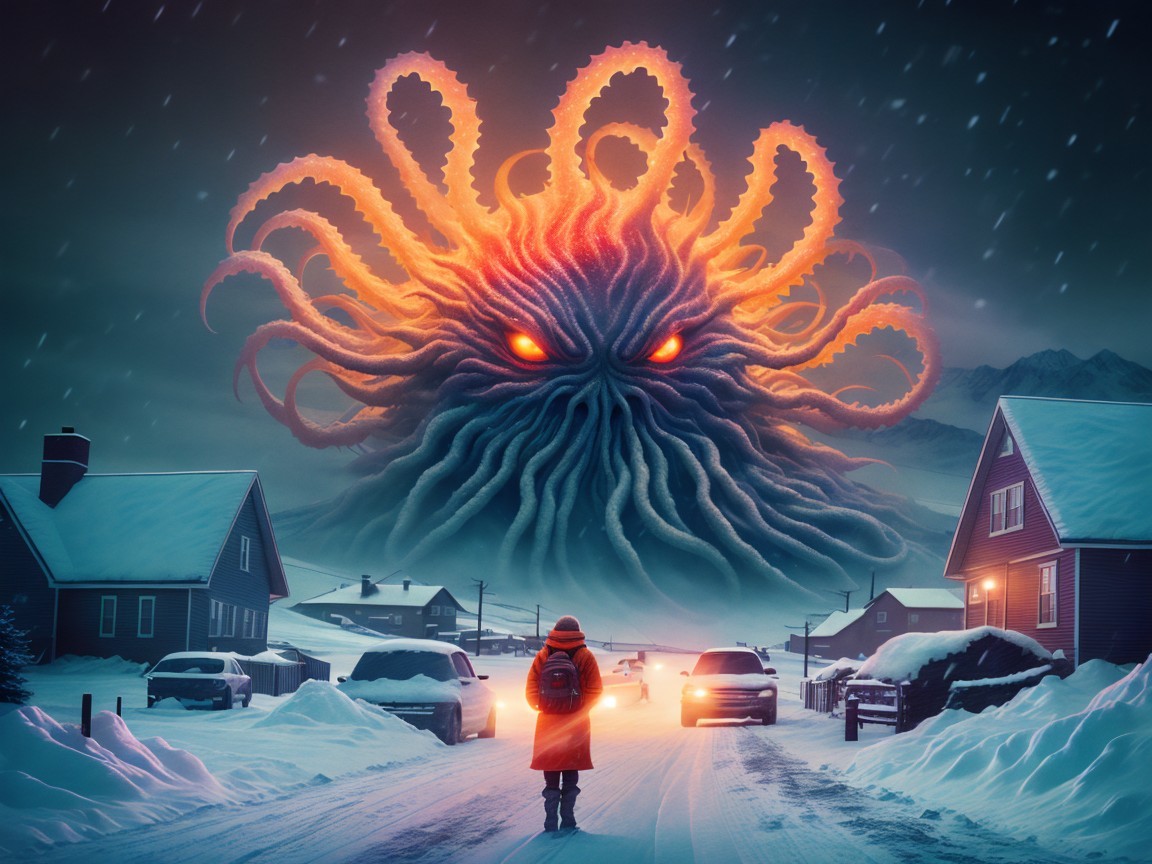 Lone Figure Under Mythical Creature in Snowy Scene