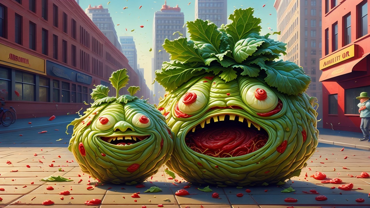Playful Vegetable Creatures in Urban Setting