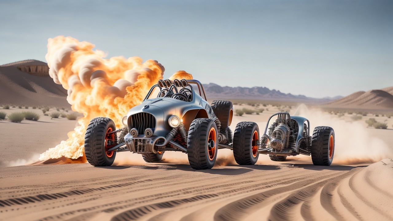 Futuristic dune buggies racing in a desert landscape