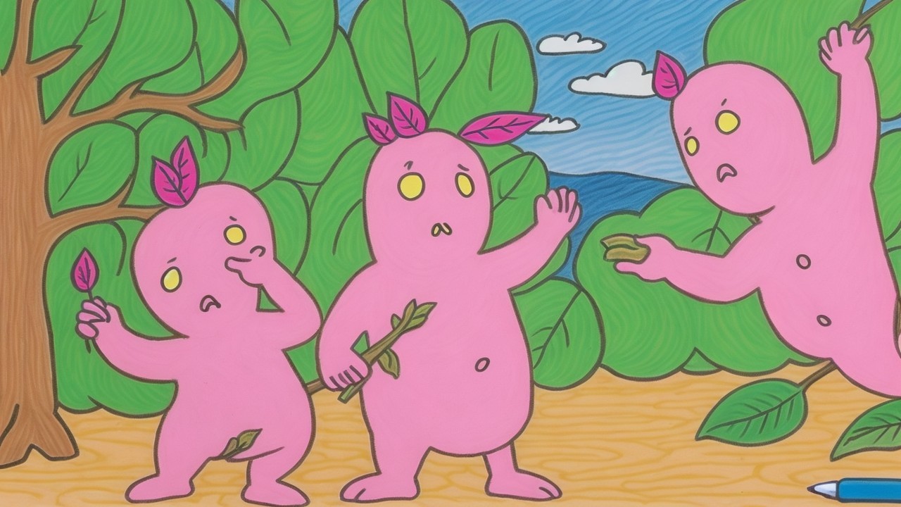 Playful Pink Figures in a Cartoonish Forest Scene