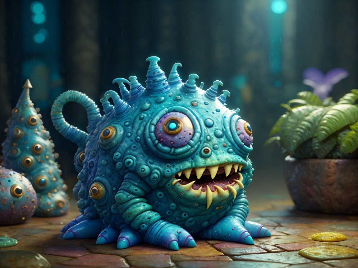 Cartoonish Creature with Vibrant Turquoise Features
