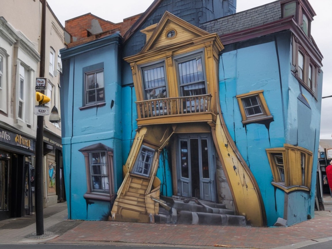 Light blue building with yellow house mural details