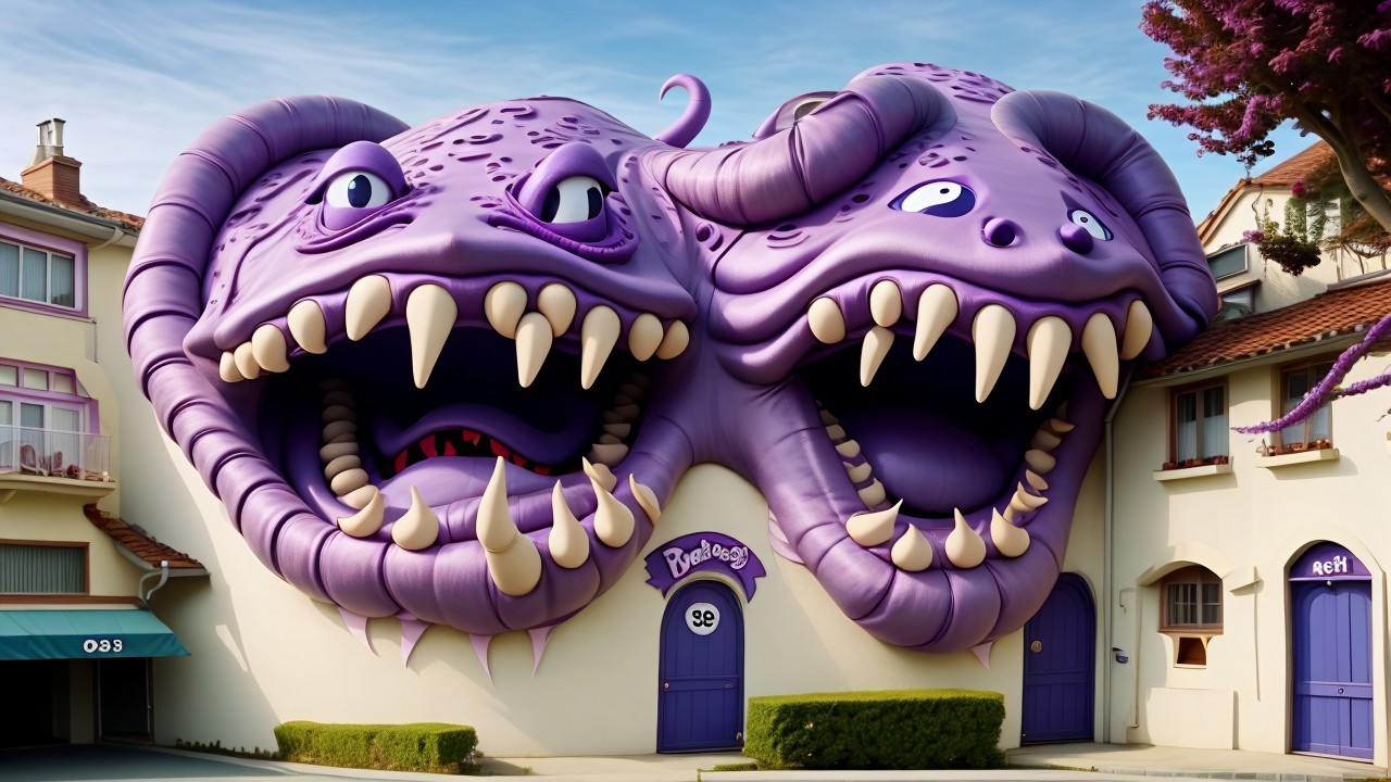 Whimsical Building Facade with Oversized Monster Heads
