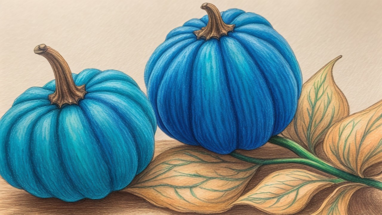 Vibrant Blue Pumpkins with Autumn Leaves Composition