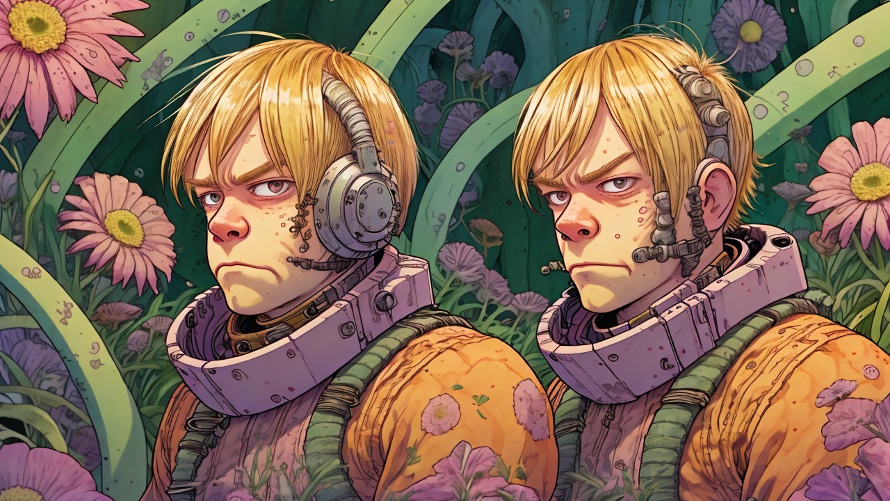 Identical Characters in Futuristic Space Helmets Amid Nature