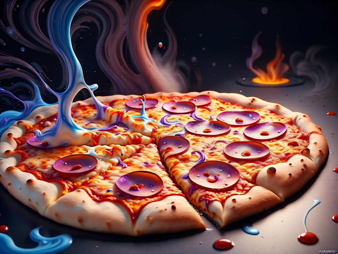 Surreal Pizza with Colorful Sauces and Glossy Toppings