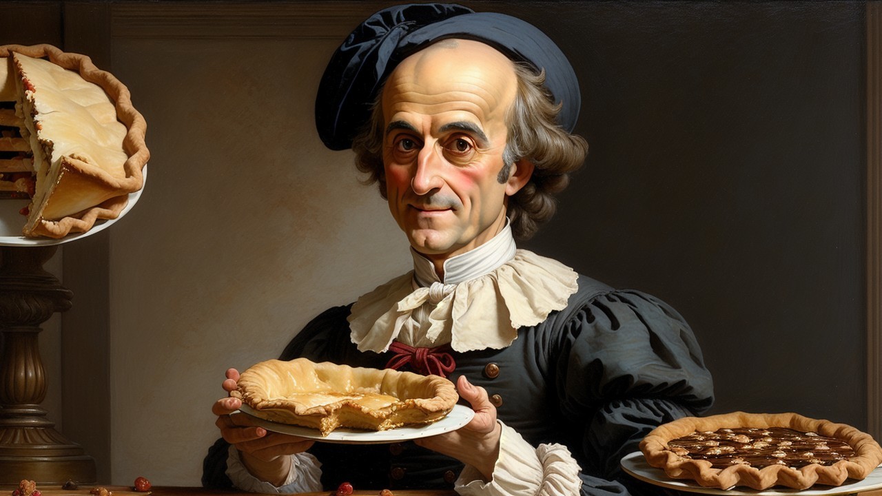 18th-Century Man with Pies in Elegant Setting