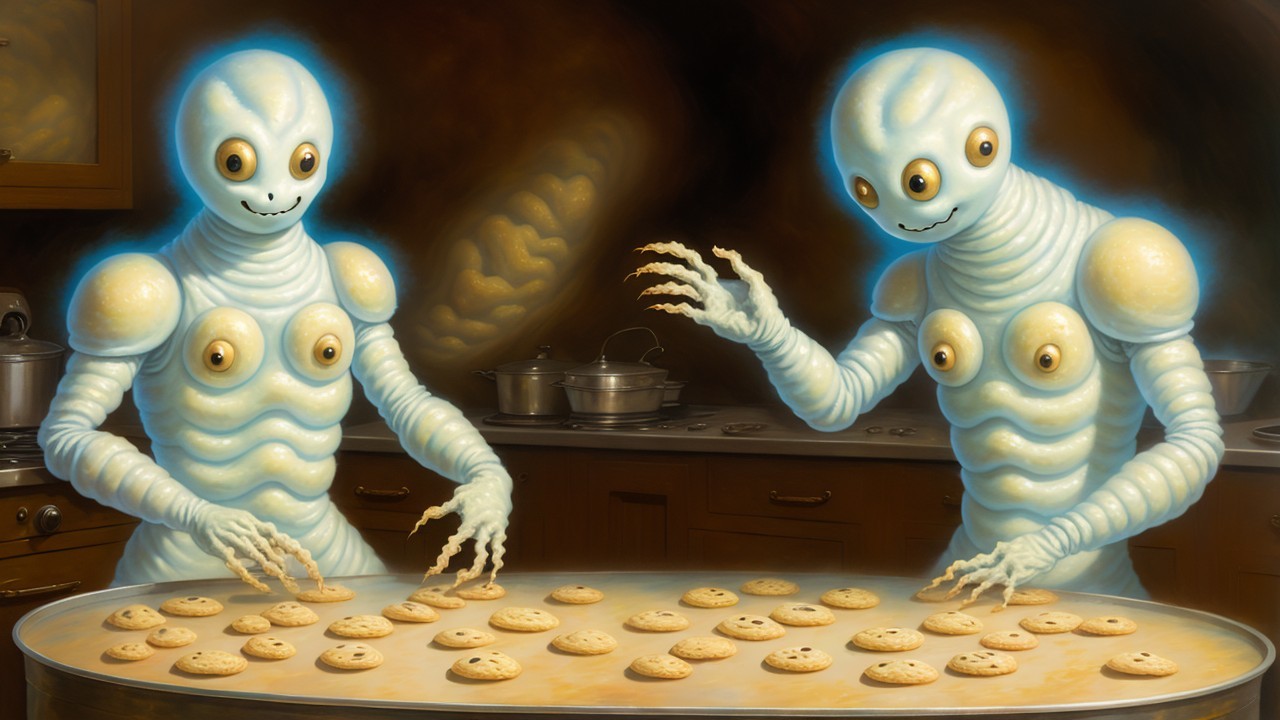 Whimsical Kitchen with Alien Creatures Baking Cookies