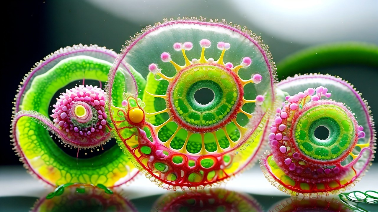 Vibrant Whimsical Microorganisms with Intricate Structures