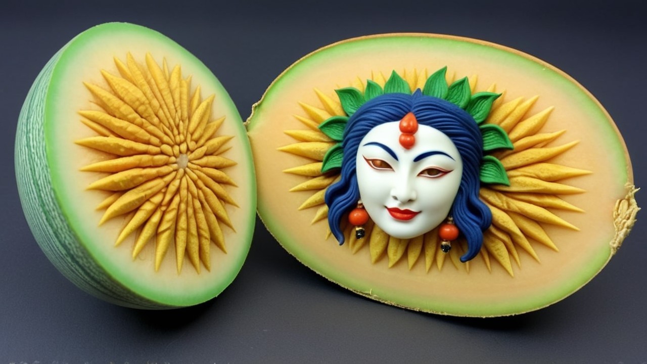 Intricately Carved Melon with Sun Ray Patterns