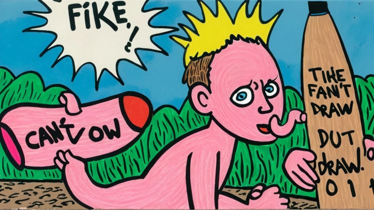 Cartoonish Pink Figure with Humorous Elements and Dialogue
