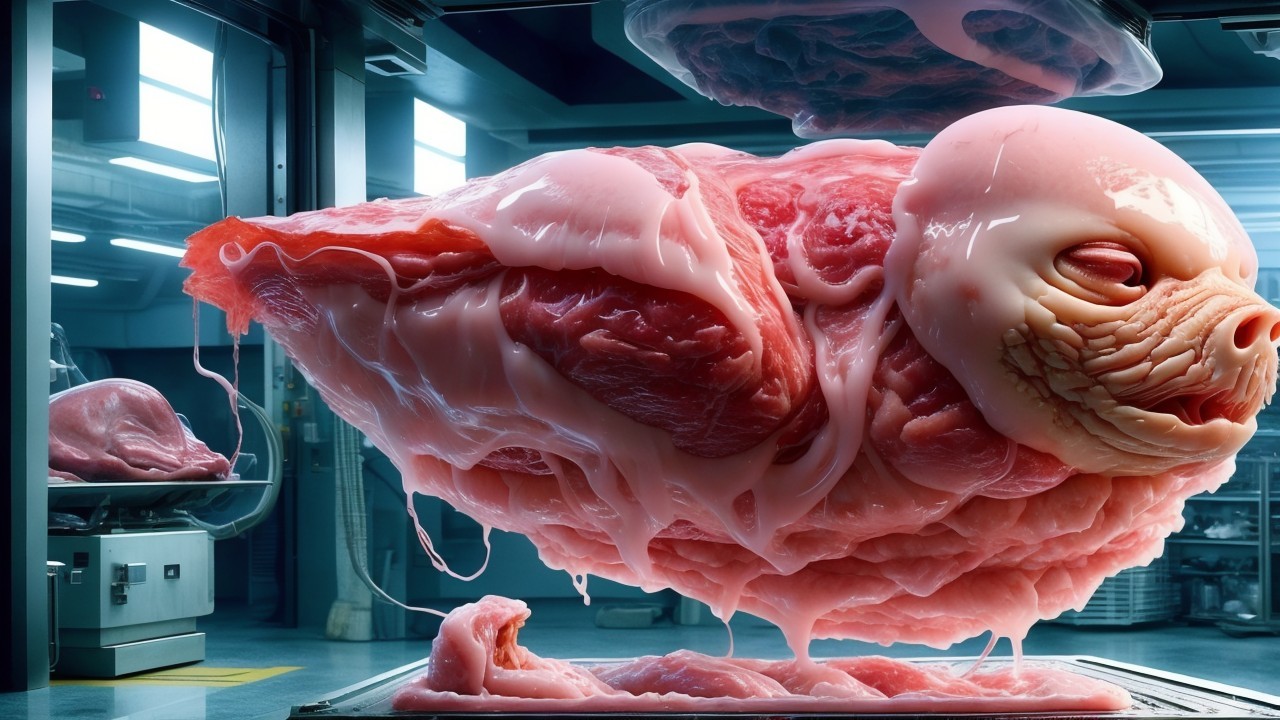 Surreal Hybrid Creature in Glass Chamber Display