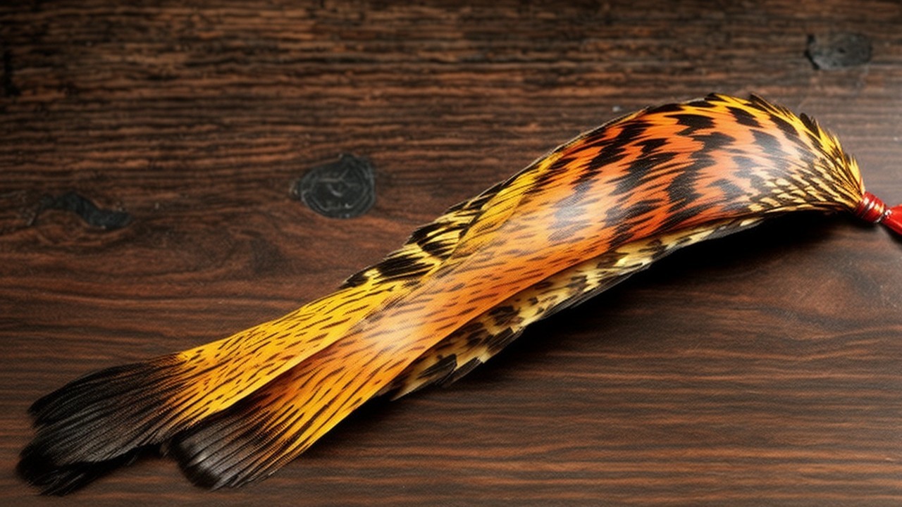 Vibrant Feather with Intricate Patterns on Wood