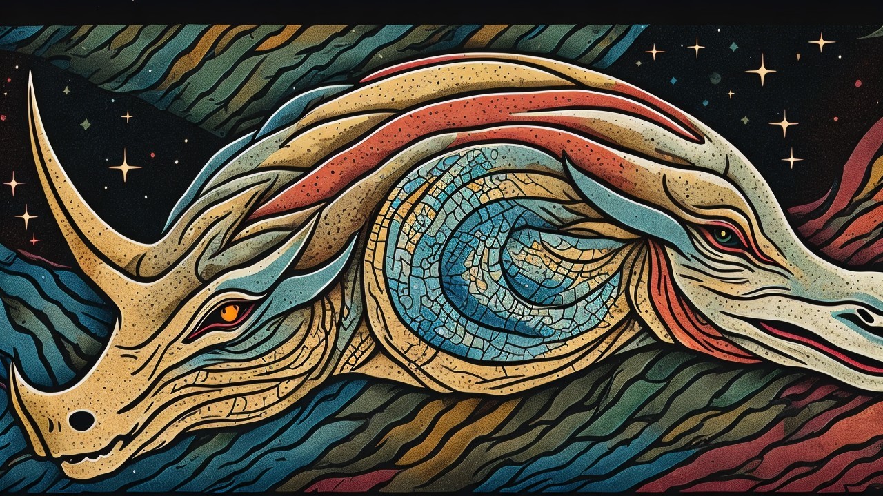 Stylized dragon with vibrant colors and abstract patterns