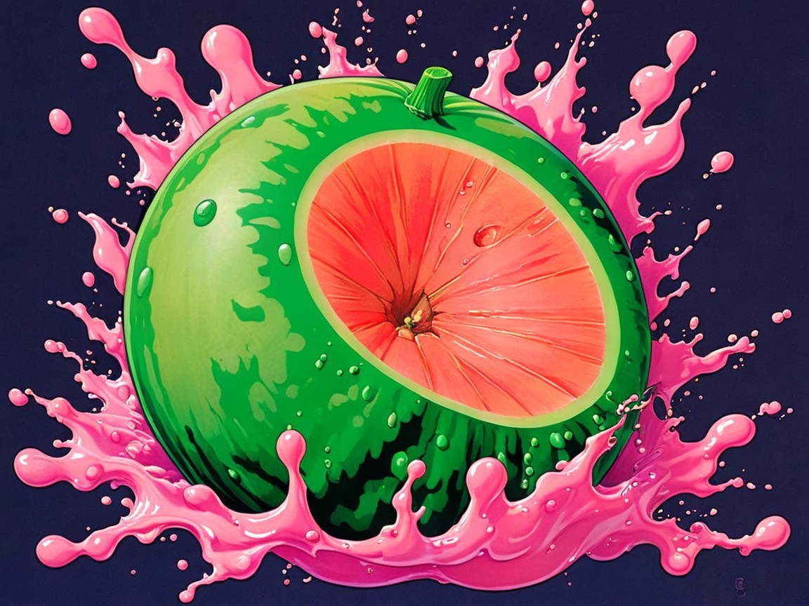Digital painting of a watermelon with vibrant cutaway section