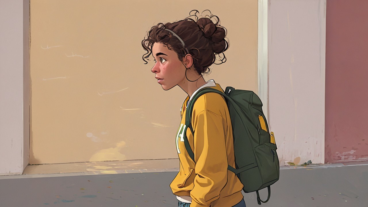 Young girl in yellow sweatshirt with green backpack