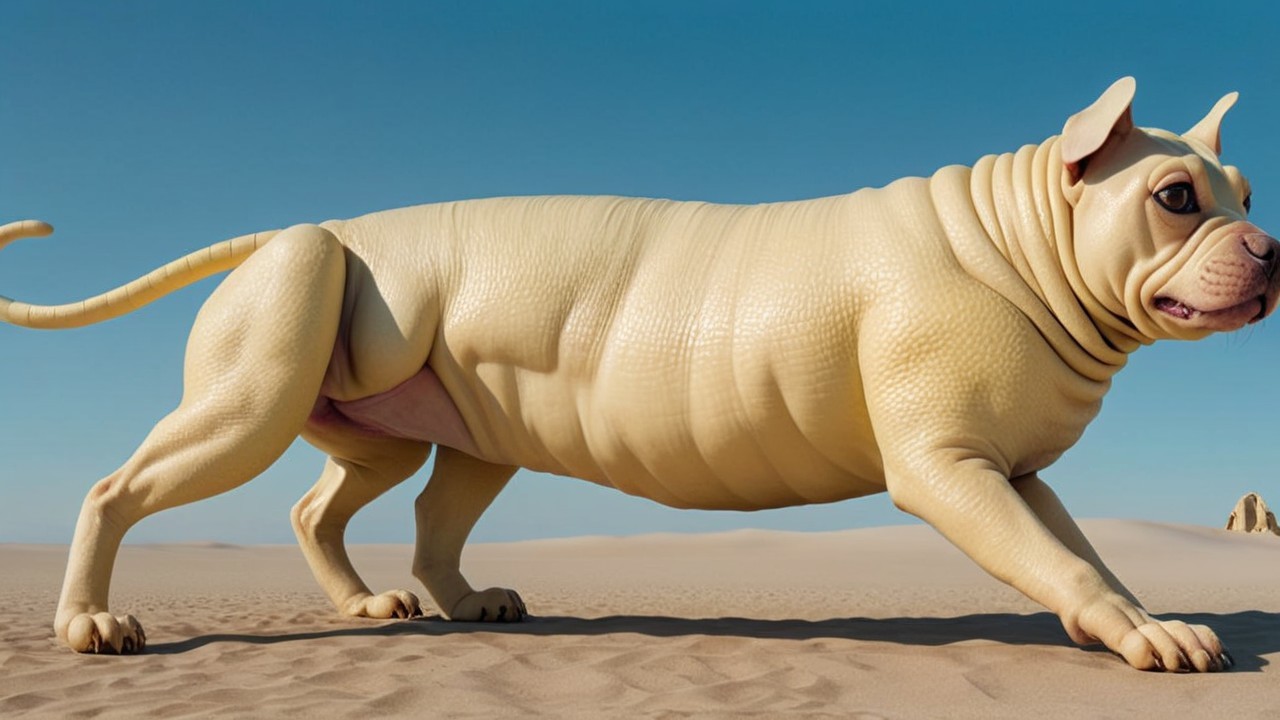 Surreal Giant Dog in Vast Desert Landscape