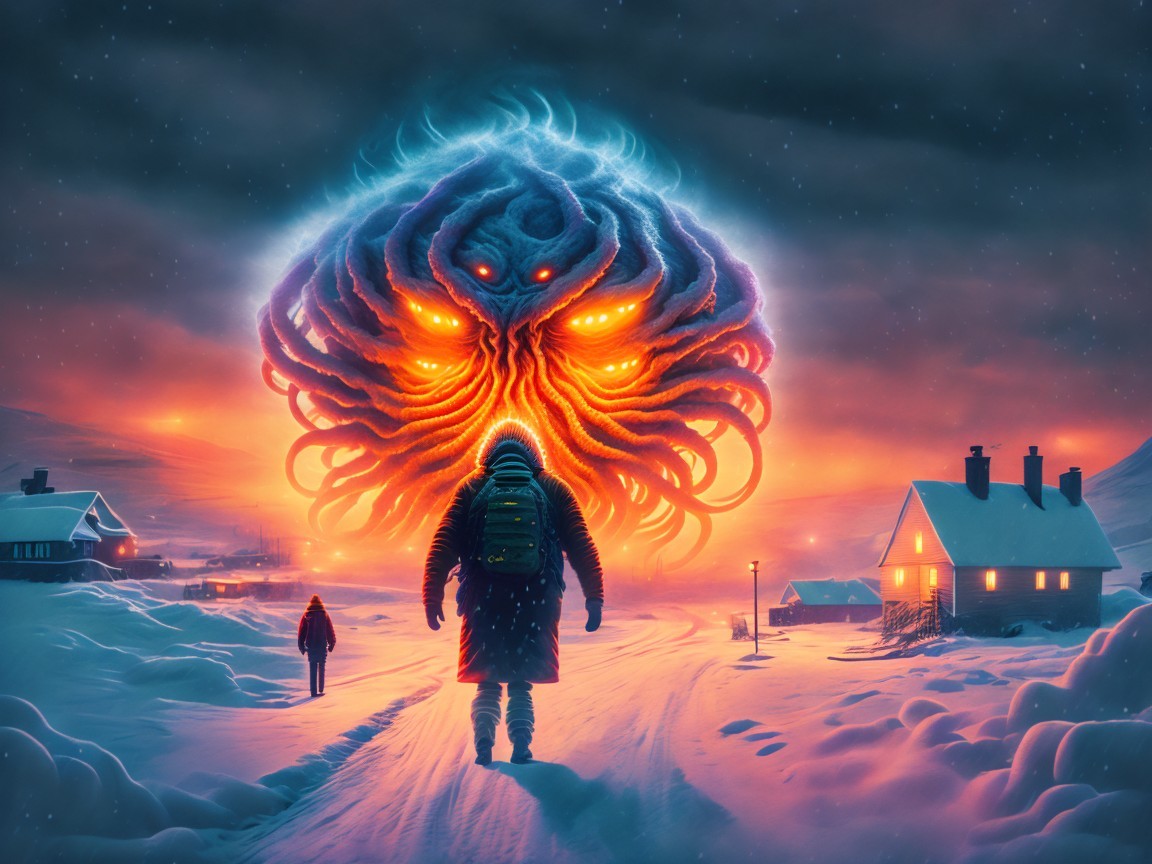 Lone Figure Approaches Cosmic Horror in Winter Landscape