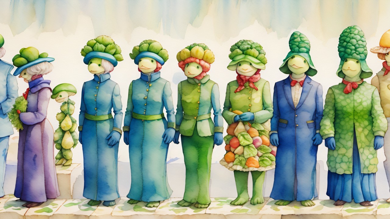 Cartoon Characters Dressed as Vegetables in Colorful Scene