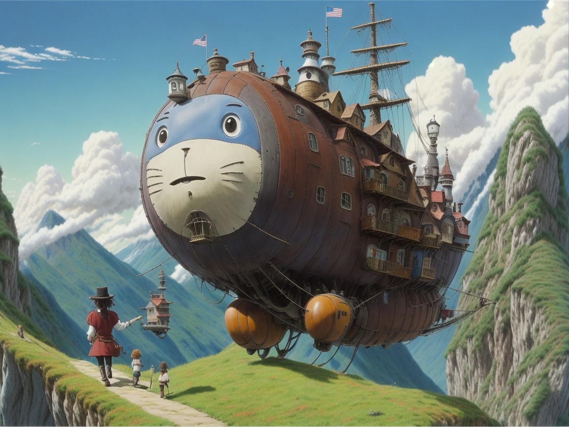 Whimsical Cat-Shaped Airship Over Green Landscape