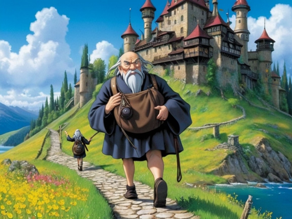 Elderly Traveler Approaches Castle on Winding Path