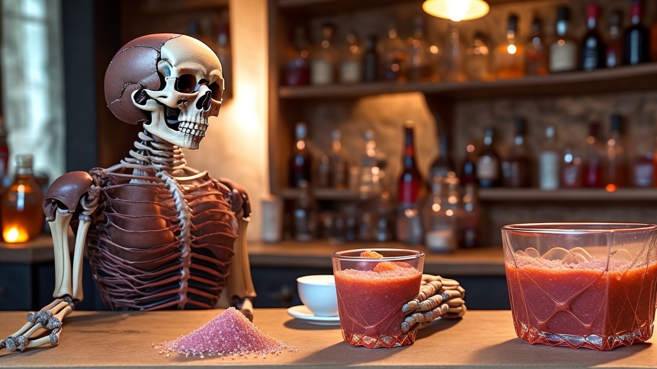 Skeleton at a Bar with Colorful Drinks and Sugar