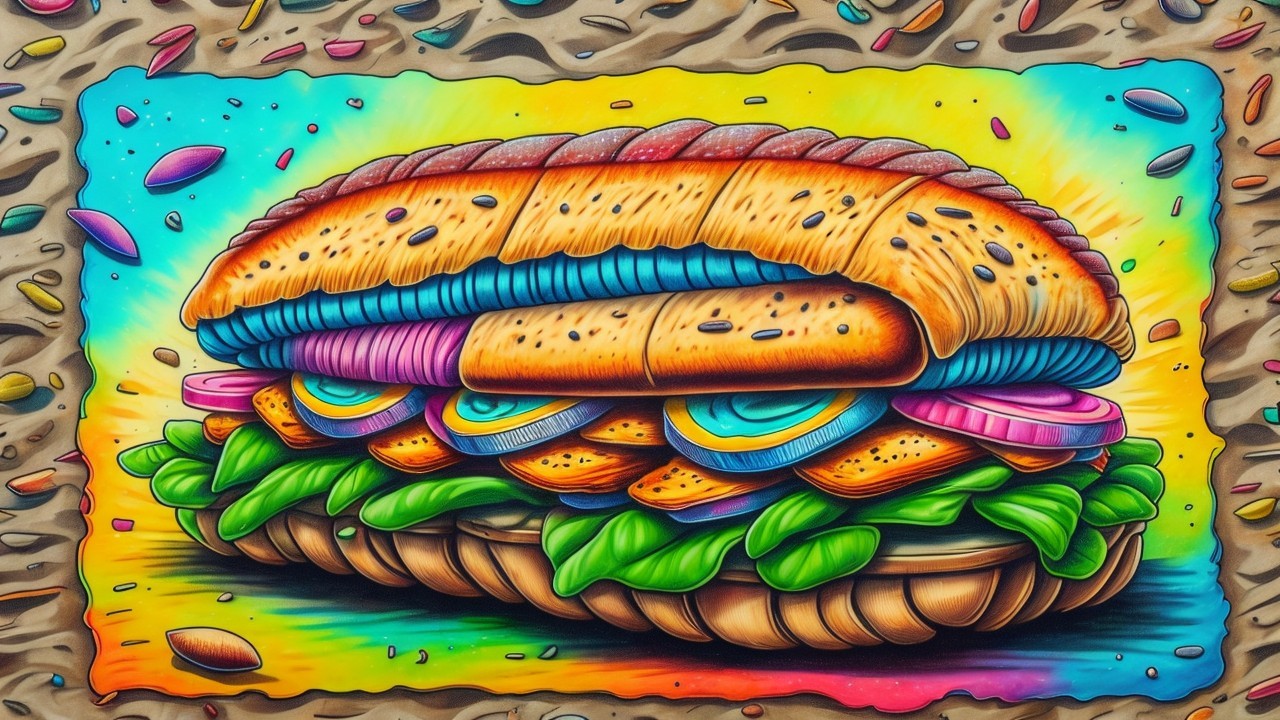 Vibrant Illustration of a Colorful Sandwich with Greens