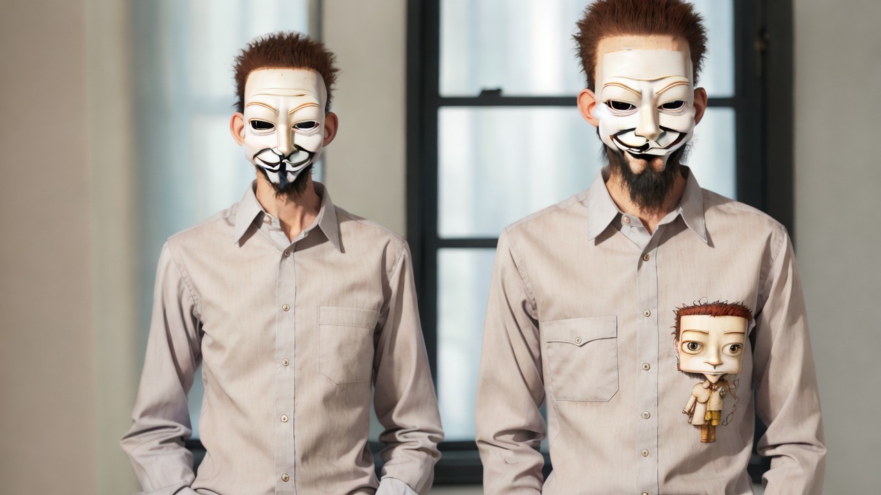 Figures in White Masks with Doll Character in Gray Shirts
