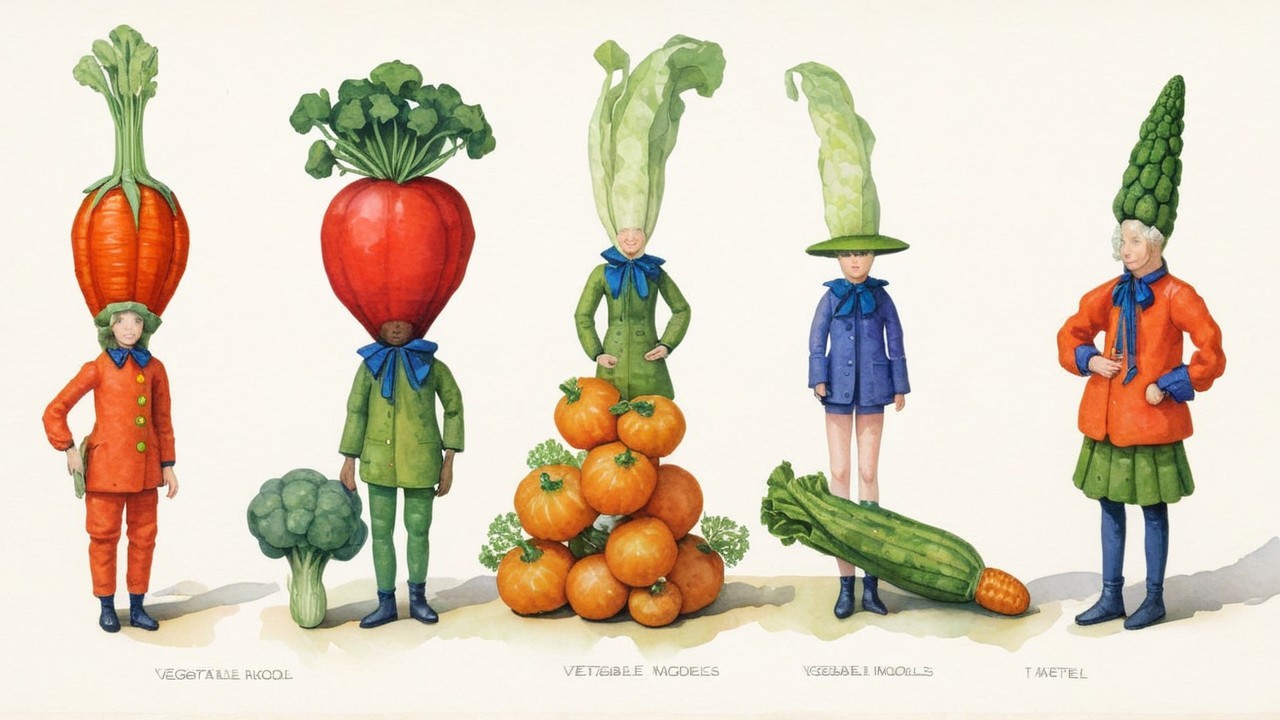 Whimsical Figures with Vegetable Heads in Colorful Outfits