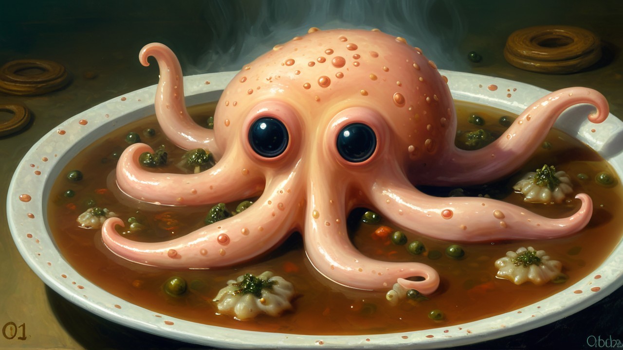Cartoonish octopus in a bowl of whimsical soup
