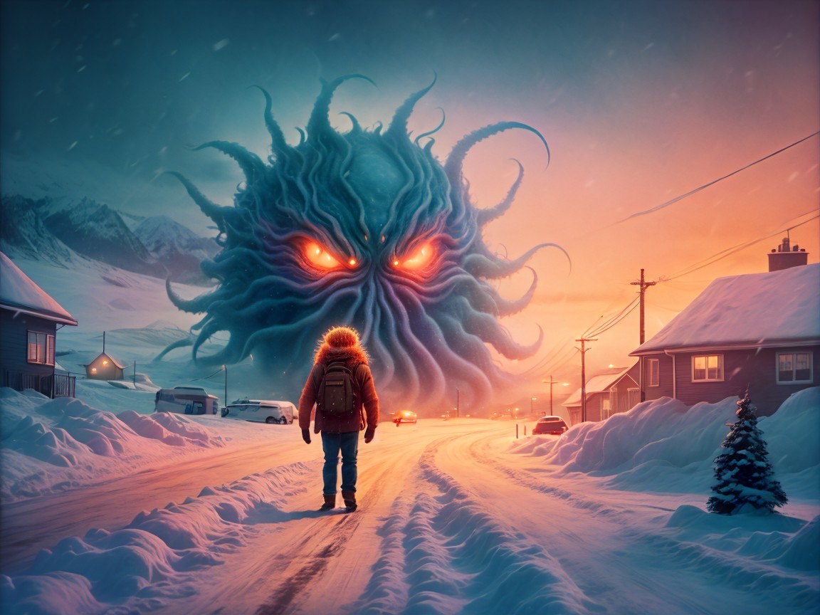 Lone Figure Observes Monstrous Entity in Twilight Sky