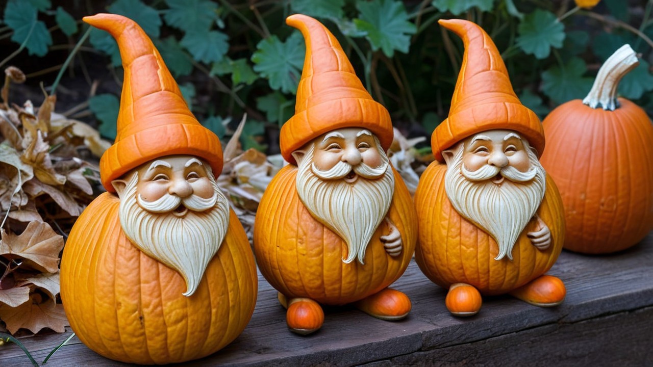 Whimsical Pumpkin-Shaped Garden Gnomes in Autumn Setting