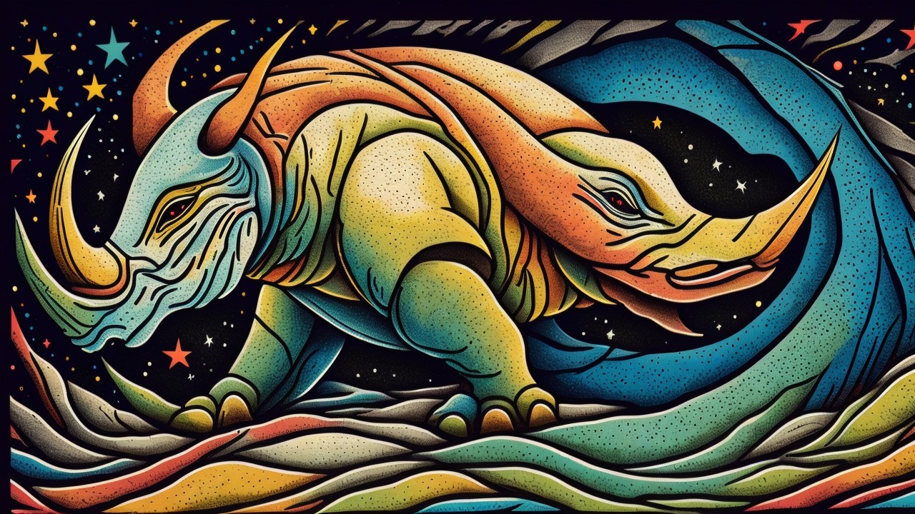 Vividly Colored Stylized Rhinoceros in Cosmic Setting