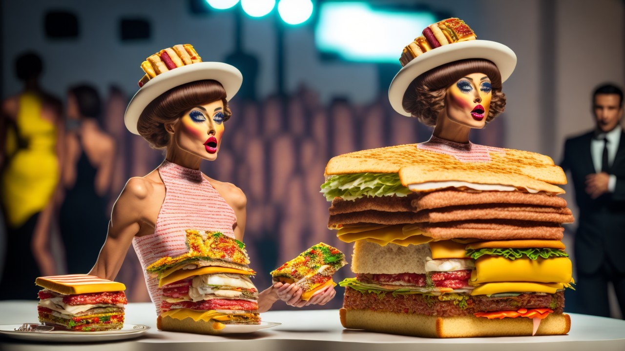 Stylized Fashion Models in Sandwich-Inspired Outfits