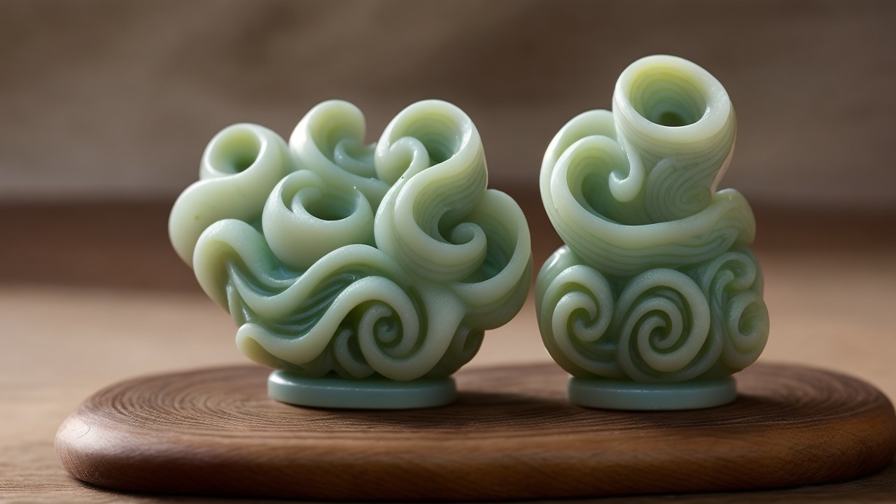 Intricately Carved Pale Green Jade Sculptures