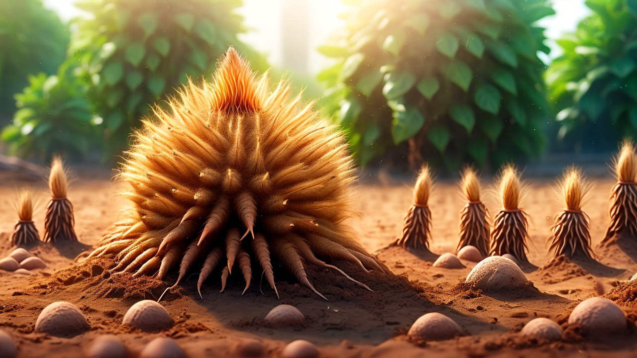 Surreal Landscape with Spiky Plants and Lush Foliage