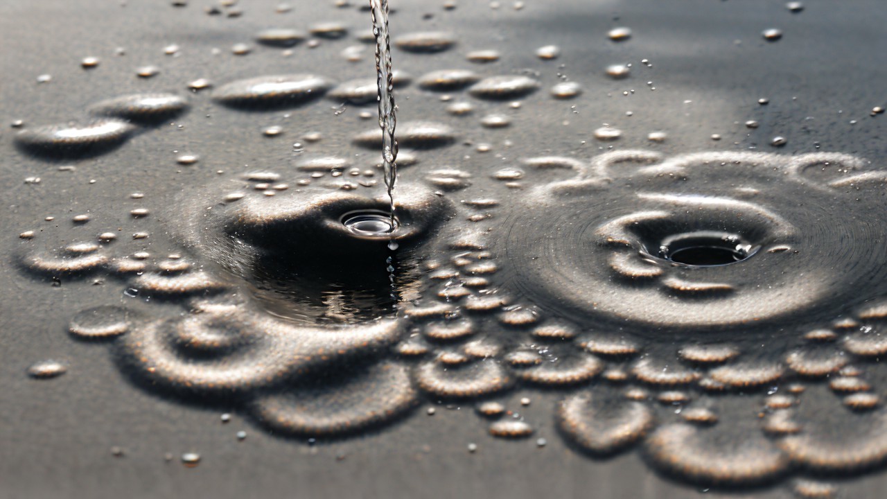 Close-Up of Water Droplets Creating Ripples and Bubbles