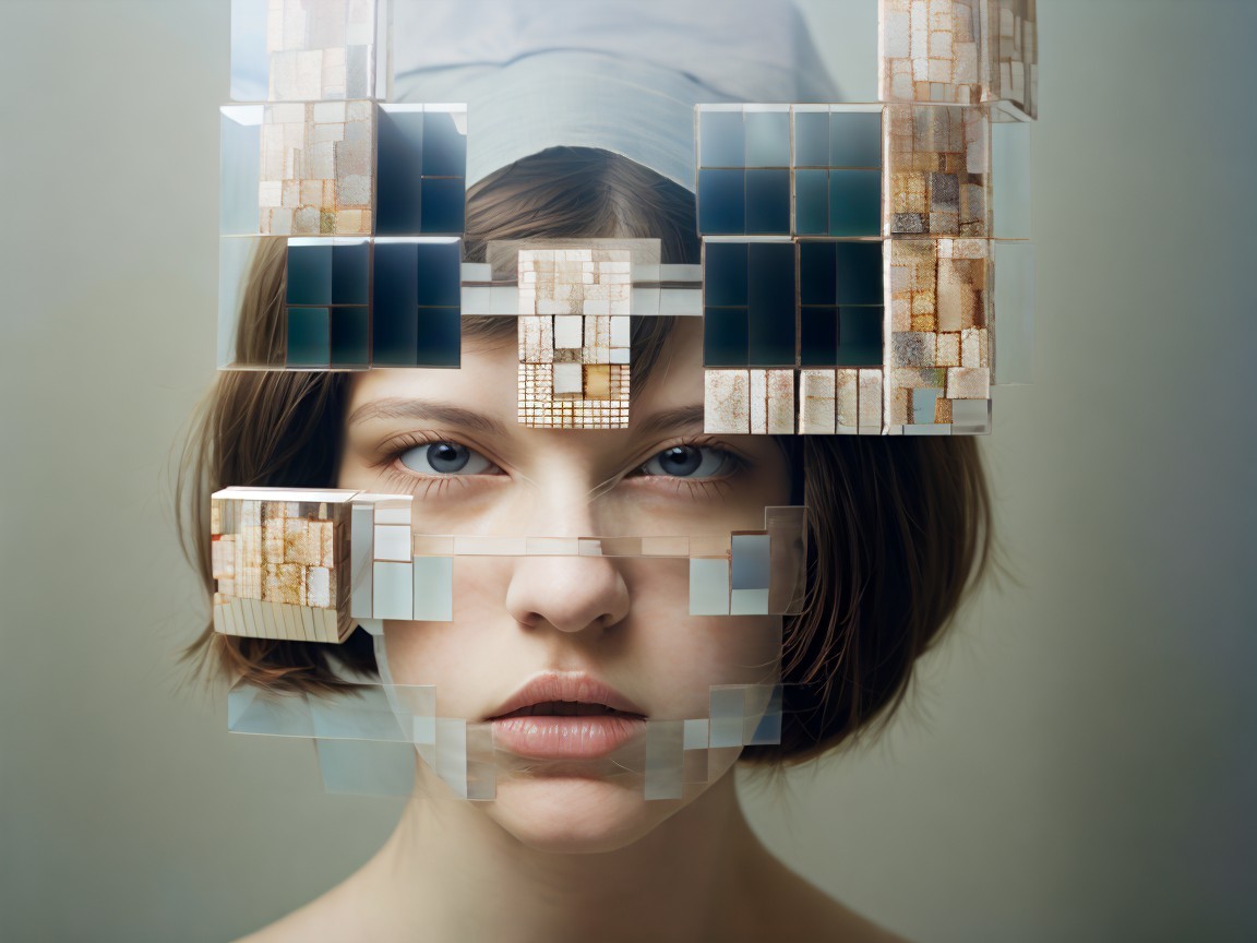 Close-Up of Young Woman with Pixelated Face and Blue Eyes