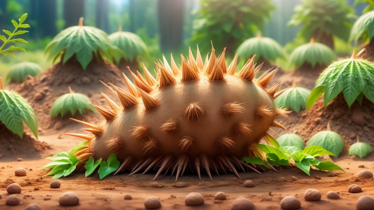 Spiky Bulb-Like Plant in a Sunlit Forest Setting